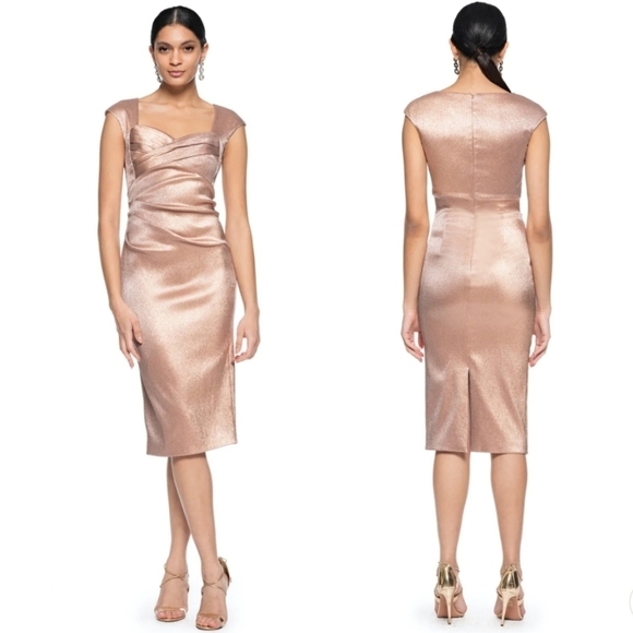 Theia Dresses & Skirts - New Theia Cap-Sleeve Stretch Lamé Metallic Dusty Rose Cocktail Midi Dress NWT  2